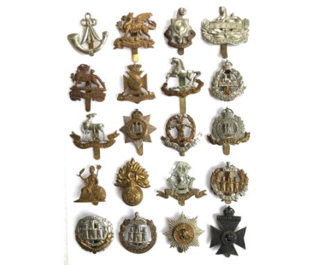 20 British Line Regiment Cap Badges.  Ox and Bucks Light Infantry ... Buffs ... Royal Sussex ... Gloucestershire ... Royal Be