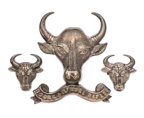 Indian Army. Coorg &amp; Mysore Rifles 1888 HM silver head-dress badge &amp; collar badges  Good die-stamped British made exa