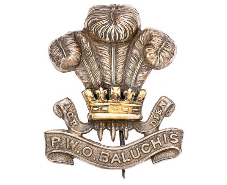 Indian Army. 130th PWO Baluchis Officer's pagri badge circa 1903-10.  Good scarce silvered Prince of Wales plumes with applie