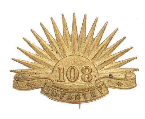 Indian Army. 108th Infantry pagri badge circa 1903-22.  A good British made die-stamped brass rising sun resting on INFANTRY 
