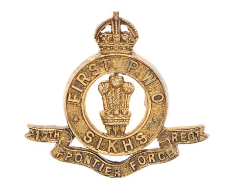 Indian Army. 1st PWO Sikhs, 12th Frontier Force Regiment Officer's 1925 HM silver cap badge.   A fine die-cast silver-gilt ex