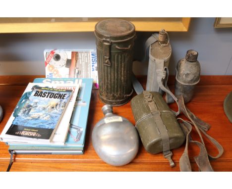 WWII German Gas Mask, collection of Water bottles and assorted Books to include Small Arms, German Army Uniforms etc 
