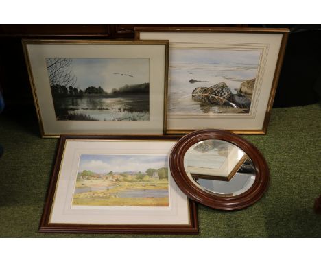 2x Peter Barker (b.1954) watercolors, K W Burton ltd edition print and a round beveled&nbsp; edged mirror