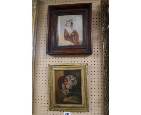 19thC Oil on canvas of a boy on step unsigned and a Oil on Board portrait of a Young Woman 