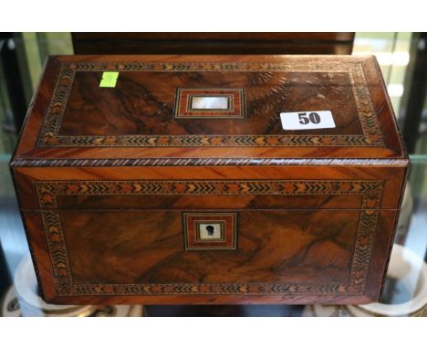 Victorian Parquetry Inlaid Walnut box with Mother of Pearl escutcheon. 28cm in width 