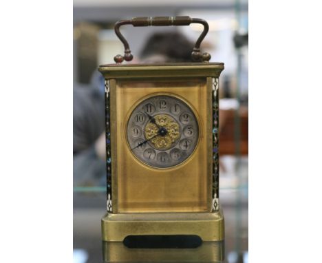 Antique Champleve carriage clock with numeral dial on bracket feet 