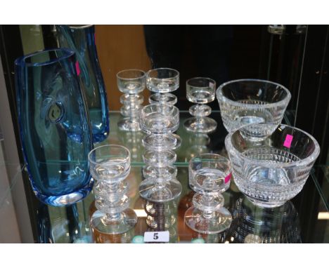 Mats Jonasson Maleras Sweden Blue glass vase Orrefors glass bowl and a set of 3 Wedgwood Sheringham disc candlesticks 