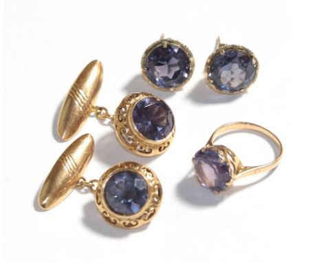 A synthetic sapphire simulating alexandrite ring, finger size M; a pair of synthetic sapphire simulating alexandrite cufflink