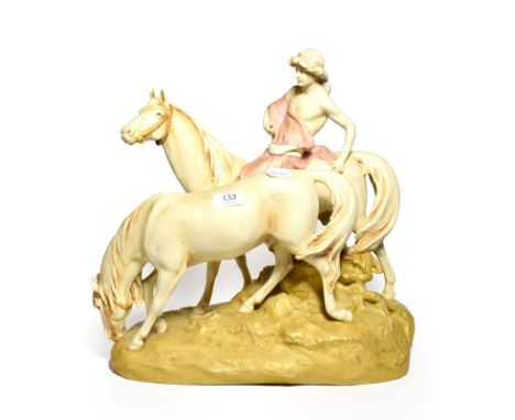 Post 1919 Royal Dux model of horses, one with a figure astride of a naturalistic base, model number: 1705, 43cm high 