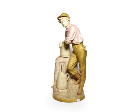 Post 1919 Royal Dux figure of a farm worker and fountain, model number: 10563, 63cm high 