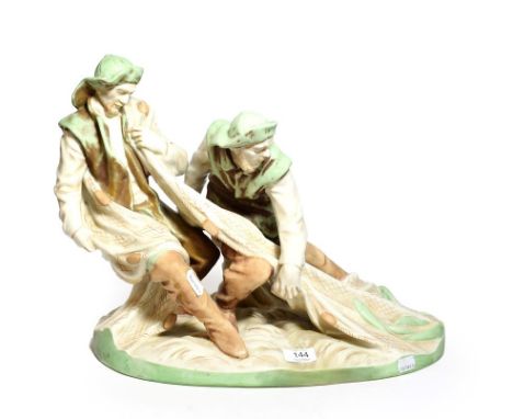 Post 1919 Royal Dux figure group of fishermen hauling in the nets, model number: 208, 38cm high 