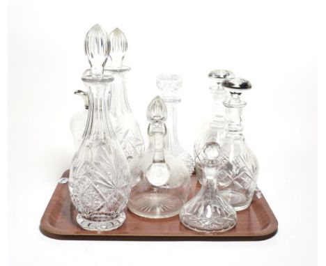A silver collared decanter, together with two pairs and another three decanters (8) 