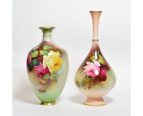 A Royal Worcester rose decorated bottle vase, signed H, Martin, pattern no H304, together with a similar baluster form exampl