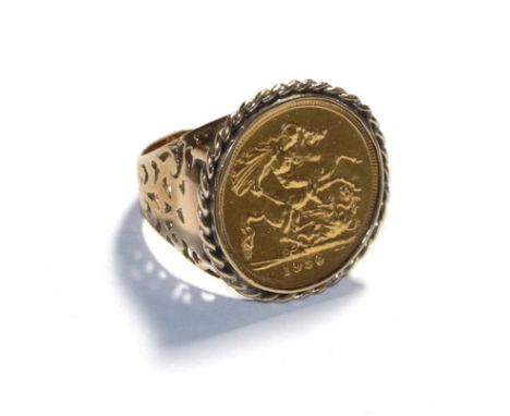 A 1930 full sovereign mounted as a ring, finger size S.  Shank stamped '9CT'. Gross weight 14.65 grams. 