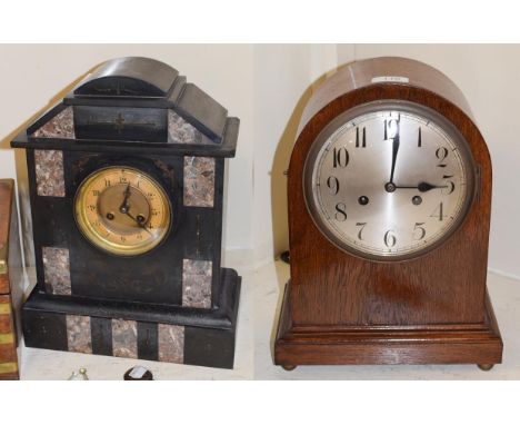 Victorian black slate mantel clock and another oak cased clock (2)