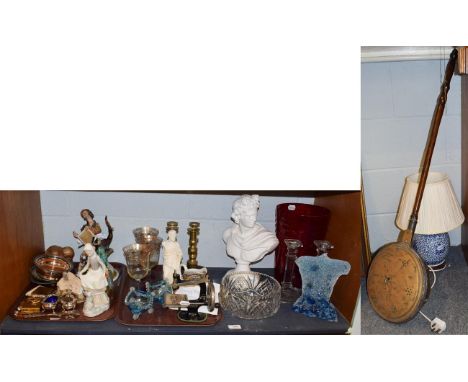 A collection of various items including a Royal Doulton 'The Mask Seller', a Lladro figure, a blue and white decorative lamp,
