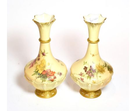A pair of Royal Worcester blush ivory floral painted vases, shape number: 1538, 27cm high 