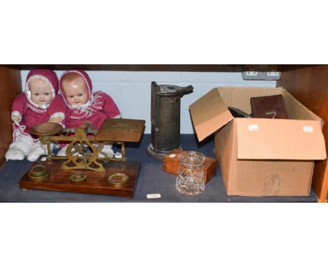 Waterloe &amp; Sons ticket machine, set of brass postal scales, two composition dolls and a box of cameras