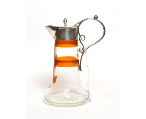 An Edward VII silver-mounted glass claret-jug, maker's mark worn, Chester 1905, the glass body tapering, flash decorated in r