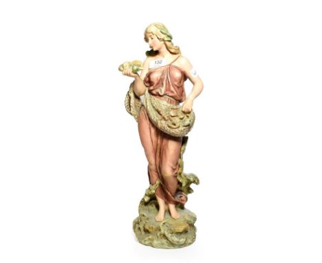Post 1919 Royal Dux figure of a fisher woman holding net and shell, model number: 2019, 48cm high 