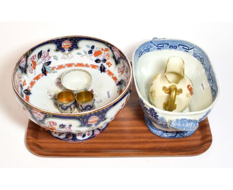 A Masons Ironstone style fruit bowl, a blue and white Willow pattern tureen, a blush ivory Royal Worcester small jug, pattern