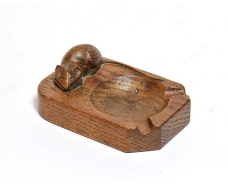 A Robert Mouseman Thompson English oak ash tray, with carved mouse signature