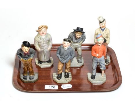A set of six Royal Worcester porcelain menu holders from the ''Down-and-Out Men'' series introduced in 1874, the series figur