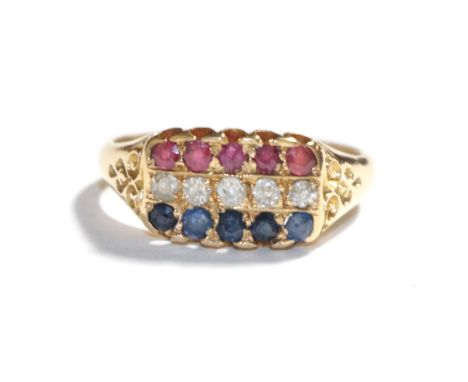 An 18 carat gold ruby, sapphire and diamond ring, finger size O1/2.  Gross weight 4.5 grams. 