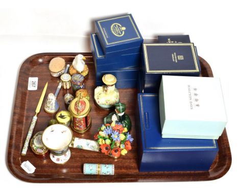 A group of ten Halcyon Days enamels including bird and girl form trinket boxes, other trinket boxes, candle snuffer, etc