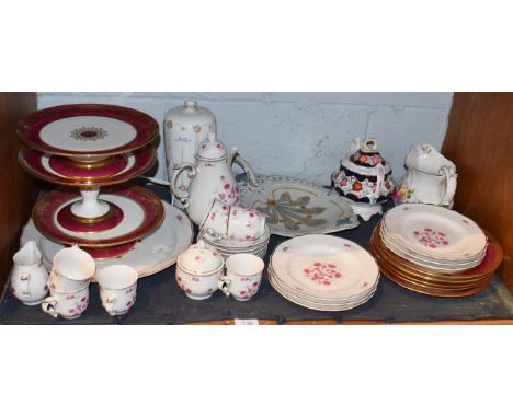 Mettlach oval serving dish, Royal Crown Derby floral jug, Hungarian pink floral decorated coffee set, dessert service, three 