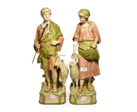 A pair of post 1919 Royal Dux figures, shepherd and shepherdess, model numbers: 1115 &amp; 1116, 54cm high 