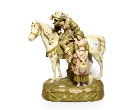 A post 1919 Royal Dux model of a mounted caviller next to a flagon carrying maiden, model number: 759, 39cm high 