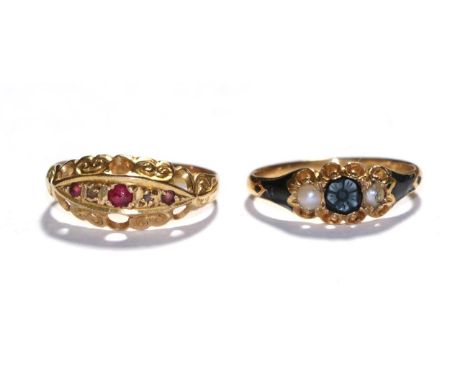 An 18 carat enamel and split pearl mourning ring, finger size M and an 18 carat gold gem set ring, finger size O.  Gross weig