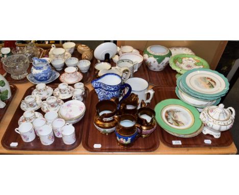 A group of 18th/19th century and later ceramics including tea bowls, loving cups, lustre ware, dessert wares, blue and white,