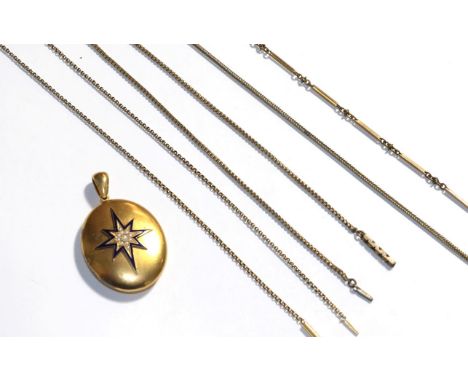 An oval Victorian blue enamel and split pearl locket and four plated chains of varying designs and lengths .  Locket - 16.5 g