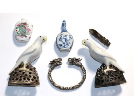 Two Chinese birds, two scent bottles, a spoon and a bangle 