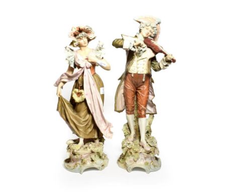 A pair of post 1919 Royal Dux figures of a musician and maiden in floral shawl and bonnet, model numbers: 297 &amp; 298, 50cm