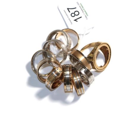 A 9 carat gold full sovereign ring mount, finger size W and ten gilt metal rings, various designs and sizes .  Sovereign moun