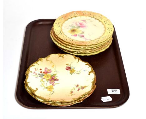A set of three Royal Worcester plates, painted with floral splays, and a set of six Royal China work plates of similar design