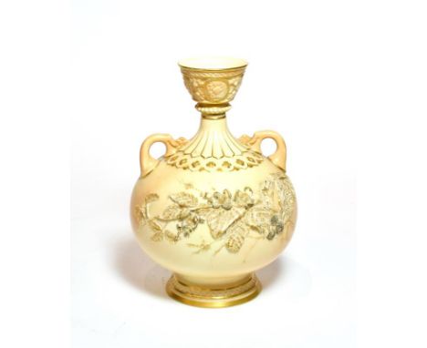 Royal Worcester blush ivory floral decorated twin handled vase, shape: 1109, 23cm high 