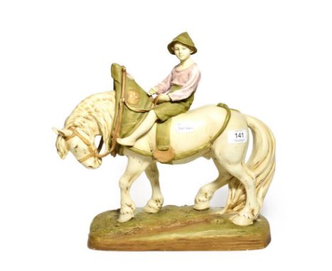 A post 191 Royal Dux model of a shire horse with young boy astride, model number: 1693, 36cm high  