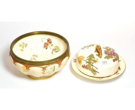 A Royal Worcester petal mounted bowl, painted with floral sprays and gilt highlighting on a blush ivory ground, shape number:
