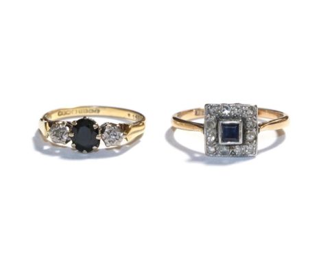 An 18 carat gold sapphire and diamond three stone ring, finger size L and a sapphire and diamond cluster ring, stamped '18CT'