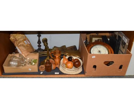 Miscellaneous items including decanter stoppers, brass fire tools, candlesticks treen, door lock, keys, etc