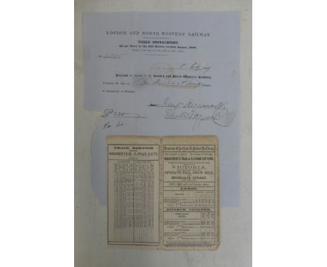 A London and North Western Railway share certificate, third installment, 1849 and a London, Chatham and Dober Railway timetab