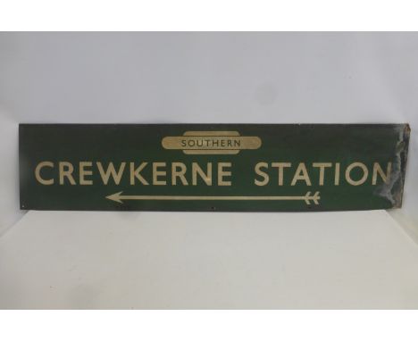 A rectangular Southern Region enamel sign for Crewkerne Station with arrow pointing left, 52 3/4 x 11 3/4".