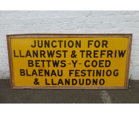 A rectangular enamel sign - Junction for Llanrwst & Trefriw, Bettws-y-coed, Blaenau Festiniog and Llandudno, 68 1/4 x 31 1/4"