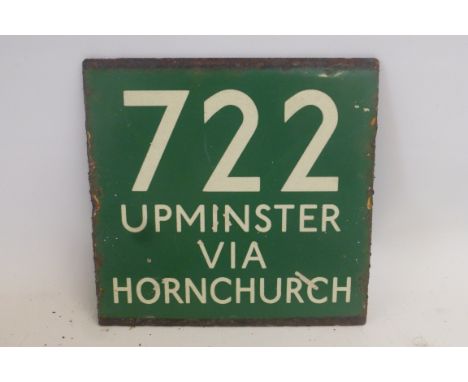 A square enamel bus destination plaque - 722 Upminster via Hornchurch, 5 x 5".