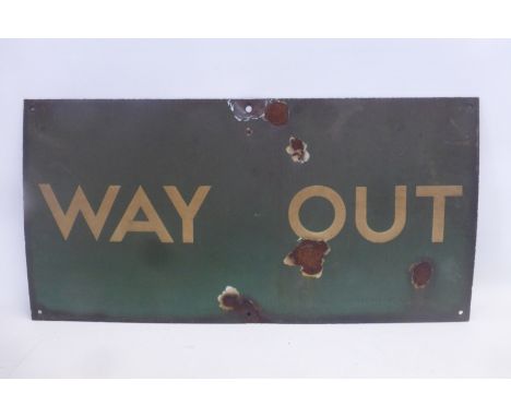 A Southern Region rectangular enamel sign for Way Out, with label to reverse, by repute from Greatstone on Sea, Halt, 24 x 12