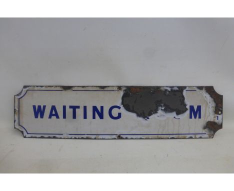 An early Waiting Room white and blue enamel sign, 24 x 6".